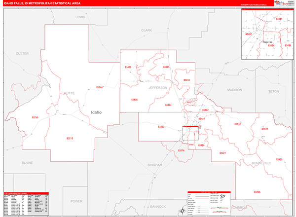Idaho Falls Metro Area Wall Map Red Line Style